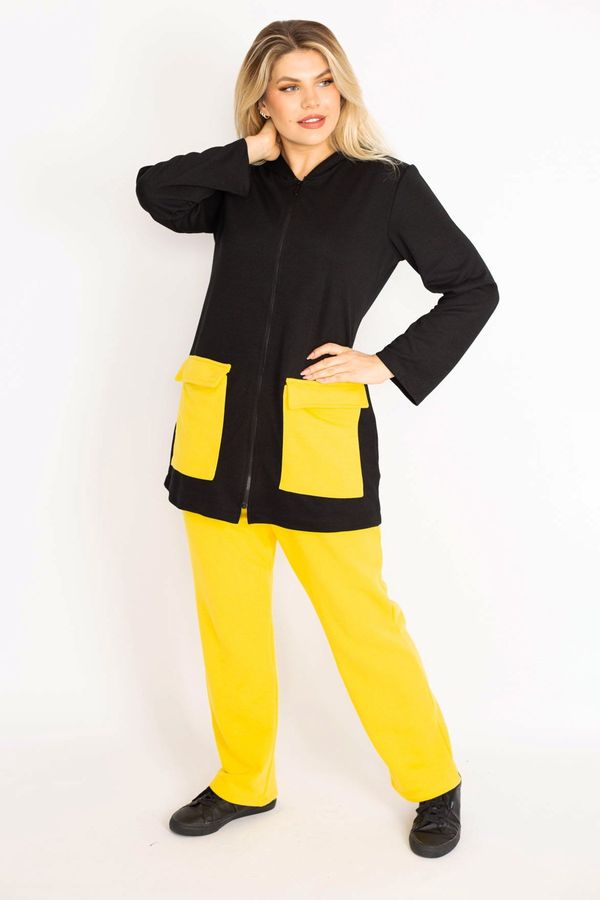 Şans Şans Women's Plus Size Yellow Pocket Combined Hooded Front Zippered Sweatshirt Trousers Suit