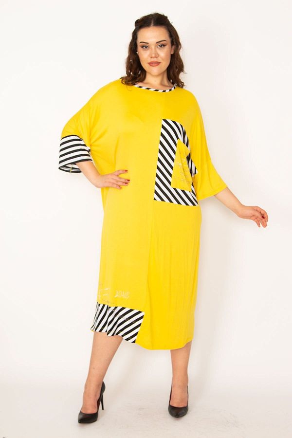 Şans Şans Women's Plus Size Yellow Stone Detailed Line Garnish Dress