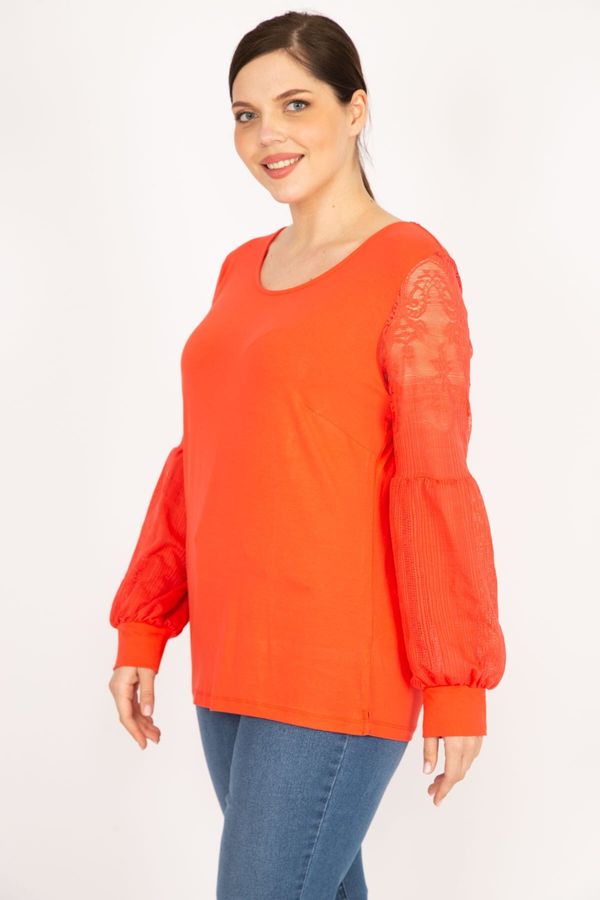 Şans Şans Women's Pomegranate Large Size Sleeves Tulle Lace Detailed Tunic