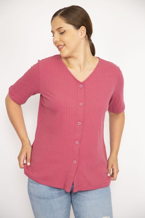 Şans Şans Women's Pomegranate Large Size V-neck Front Ornamental Buttoned Camisole Fabric Short Sleeve Blouse