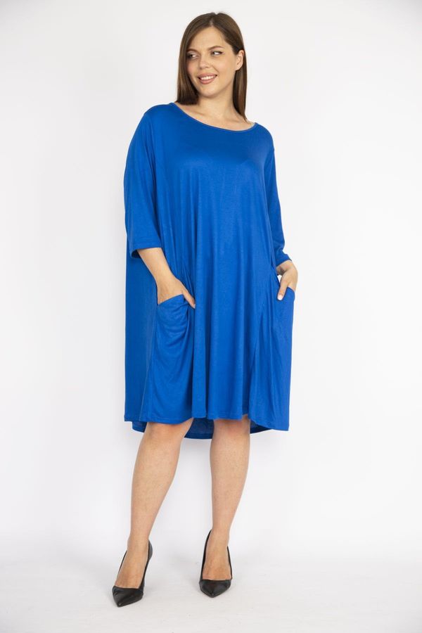 Şans Şans Women's Saks Plus Size Relaxed Cut Capri Sleeved Pocket Dress