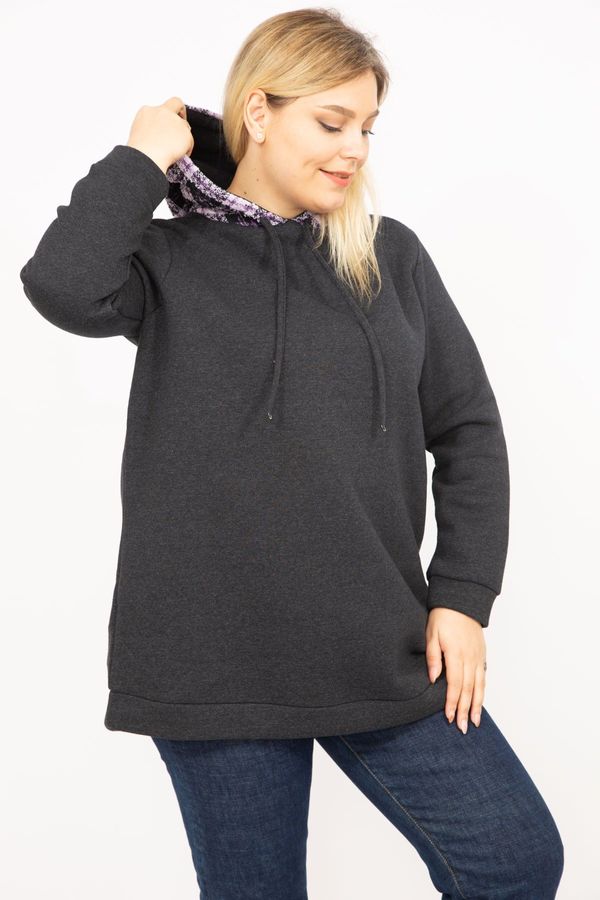 Şans Şans Women's Smoked Plus Size 3 Thread Neck Collar Hooded Sweatshirt
