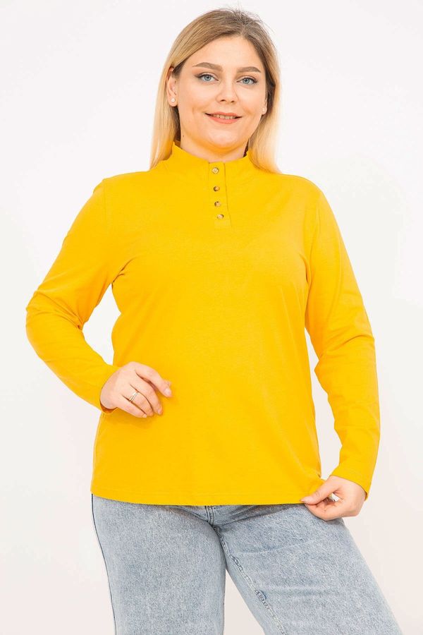 Şans Şans Women's Yellow Plus Size Cotton Fabric Pat Buttoned Blouse
