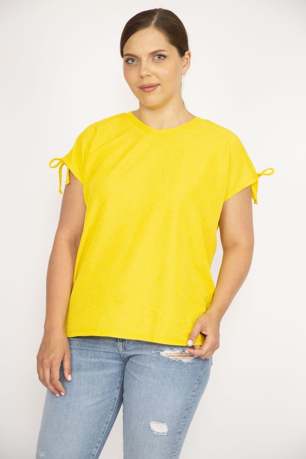 Şans Şans Women's Yellow Plus Size Shoulder Lace-Up Polyester Fabric Blouse