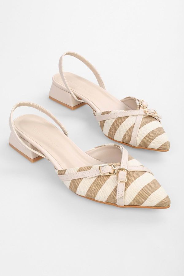 Shoeberry Shoeberry Women Ciao Beige Linen Striped Buckled Ballerinas