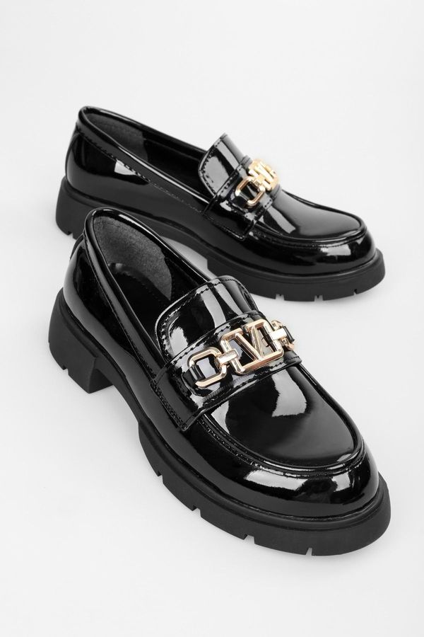 Shoeberry Shoeberry Women's Alto Black Patent Leather Buckle Detail Loafer