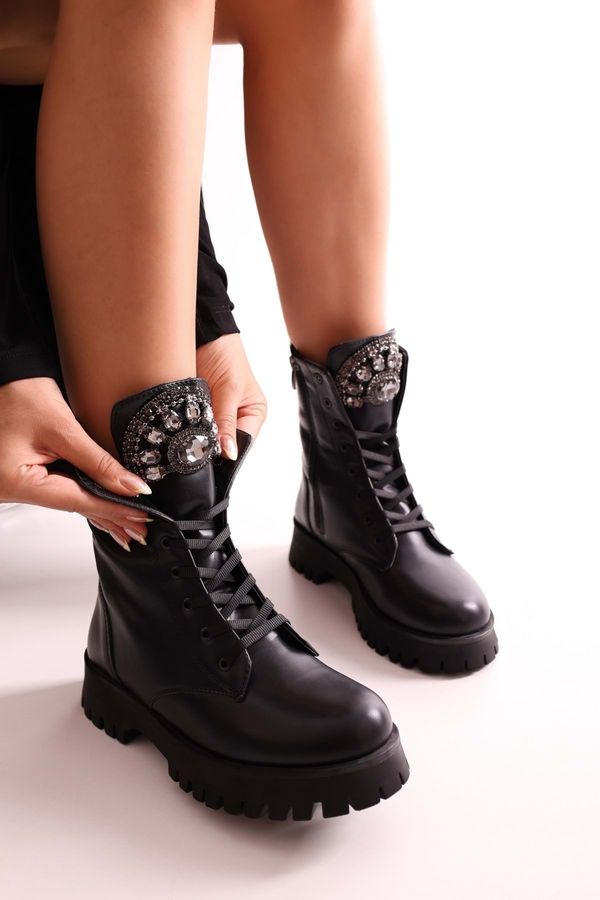 Shoeberry Shoeberry Women's Bodin Black Skin Stony Thick Heeled Boots Boots Black.