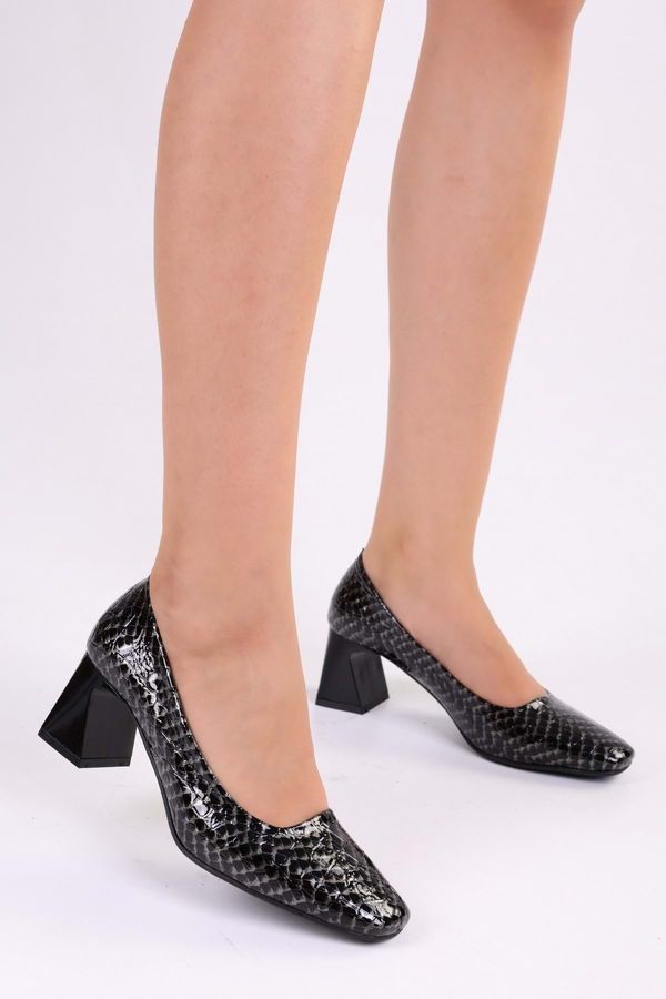 Shoeberry Shoeberry Women's Brazen Black Patent Leather Crocodile Daily Heeled Shoes