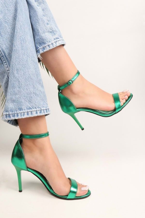 Shoeberry Shoeberry Women's Dianthus Emerald Green Metallic Single Strap Heeled Shoes