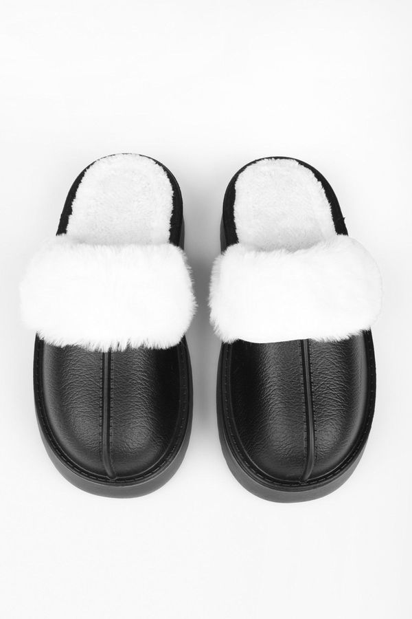 Shoeberry Shoeberry Women's Fluff Black Faux Leather Matte Fur Inside Flat Sole House Slippers