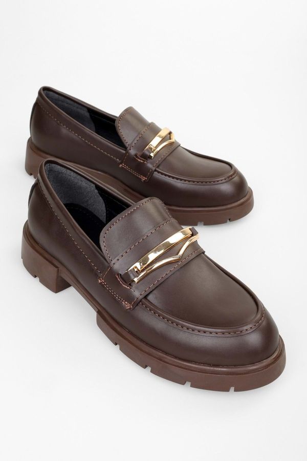 Shoeberry Shoeberry Women's Glide Brown Leather Buckle Detail Loafer