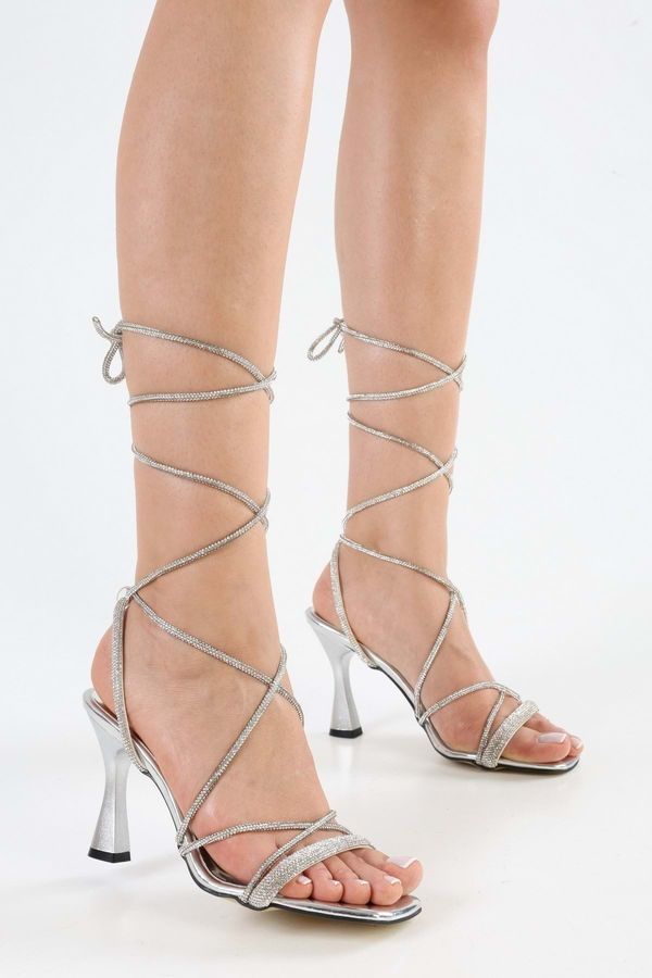 Shoeberry Shoeberry Women's Lassy Silver Mirror Tied Heeled Shoes