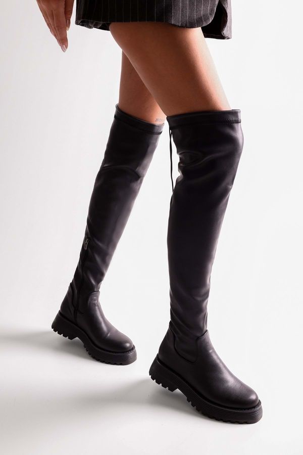 Shoeberry Shoeberry Women's Margot Black Thick Sole Long Stretch Elastic Boots Black Skin.