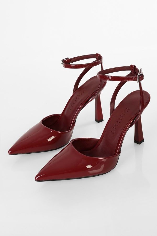 Shoeberry Shoeberry Women's Martini Burgundy Patent Leather Belted Ankle Tied Stiletto