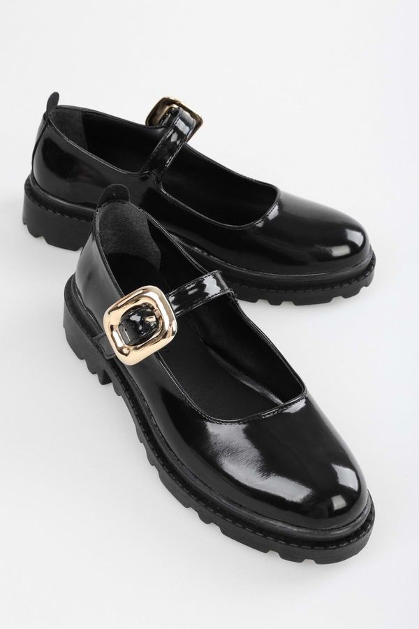 Shoeberry Shoeberry Women's Ophelia Black Patent Leather Daily Ballerinas with Gold Buckle