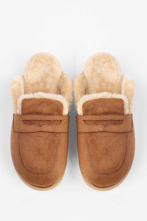 Shoeberry Shoeberry Women's Plush Tan Suede Flat Slippers with Fur Inside