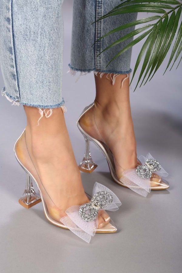 Shoeberry Shoeberry Women's Princess White Transparent Bow Stony Heel Shoes