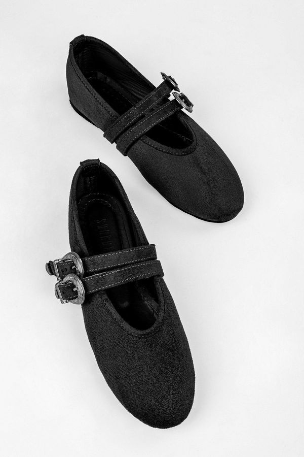 Shoeberry Shoeberry Women's Rodeo Black Suede Ballerinas with Buckle Detail