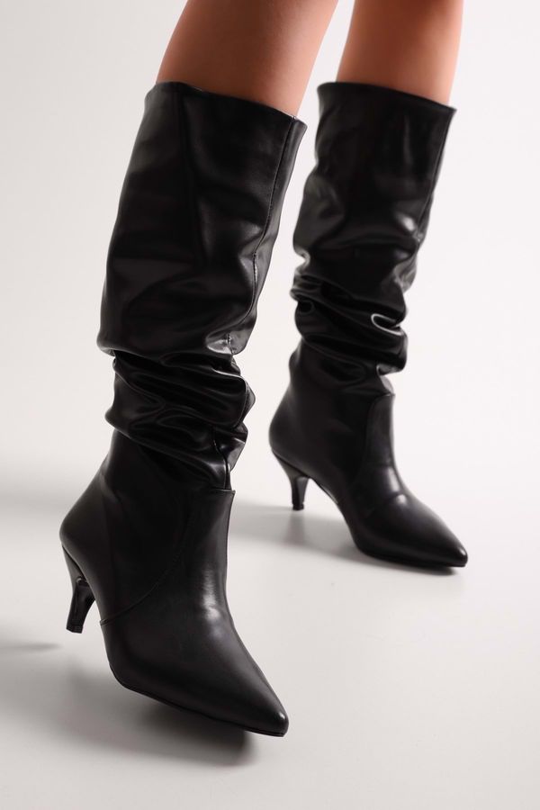 Shoeberry Shoeberry Women's Verda Black Skin Gathered Heel Boots Black Skin