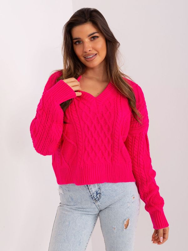 Fashionhunters Short fuchsia sweater with cables