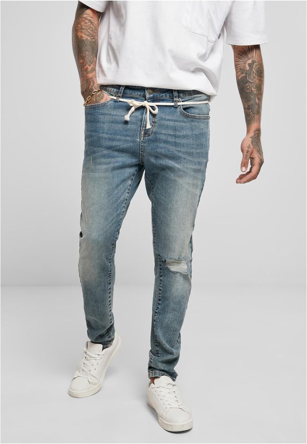 UC Men Slim Fit Drawstring Jeans Medium Heavy Ruined Washed