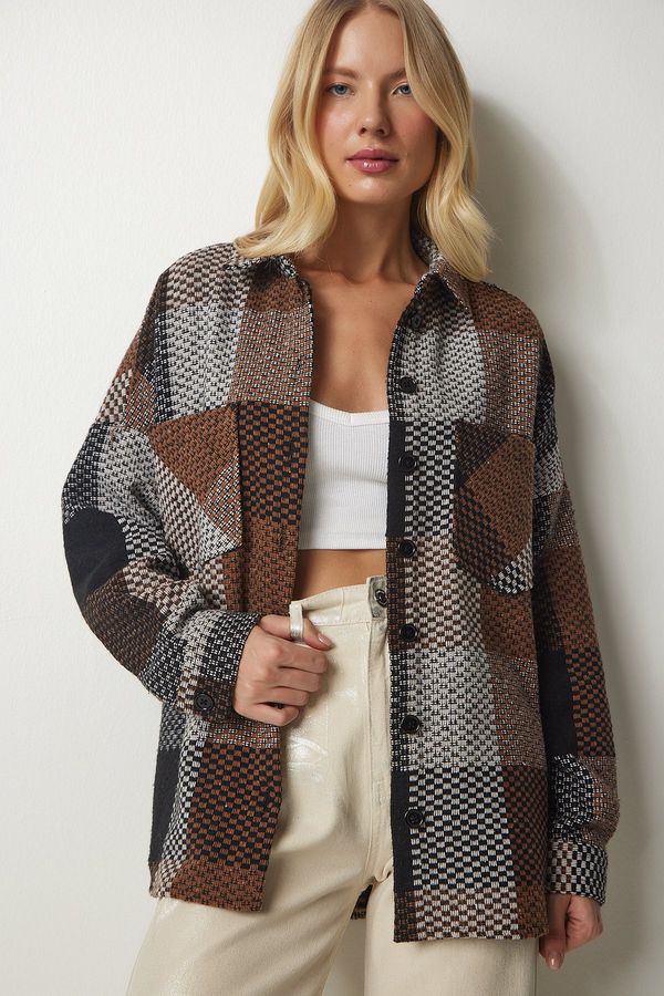 Happiness İstanbul Sreća İstanbul Women's Brown Ecru Patterned Oversize Cachet Lumberjack Shirt