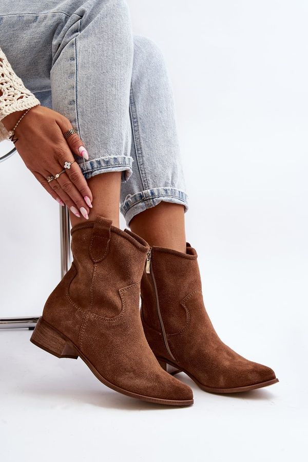 Zazoo Suede Cowboy Ankle Boots With Low Heel Zazoo 3329 Brown