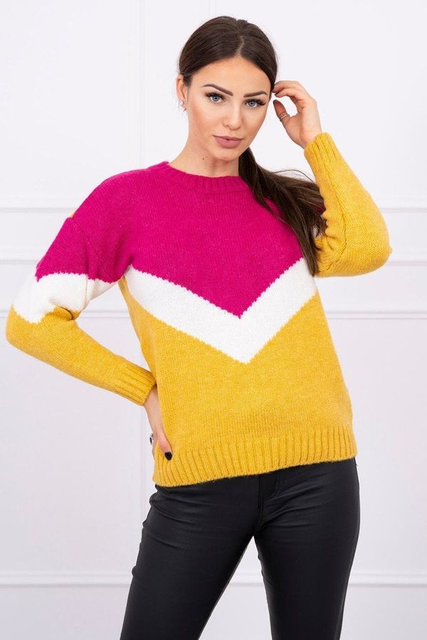 Kesi Sweater with geometric fuchsia+mustard patterns
