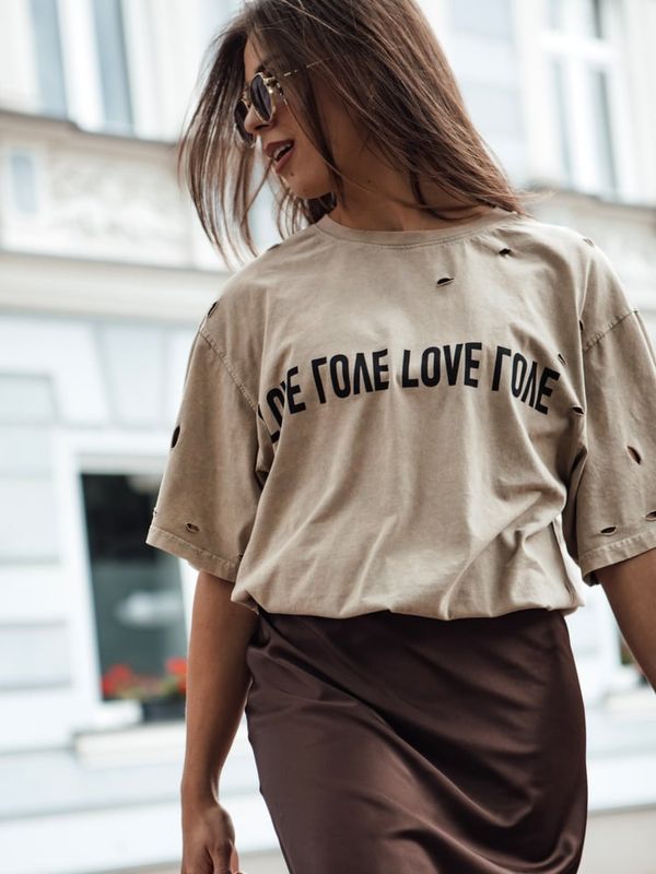 DStreet T-shirt damski z nadrukiem BONGANIR beżowy Dstreet