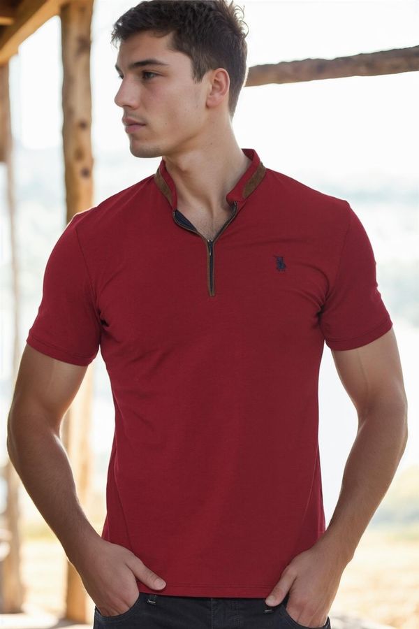 dewberry T8571 DEWBERRY ZIPPER MEN'S T-SHIRT-BURGUNDY-1