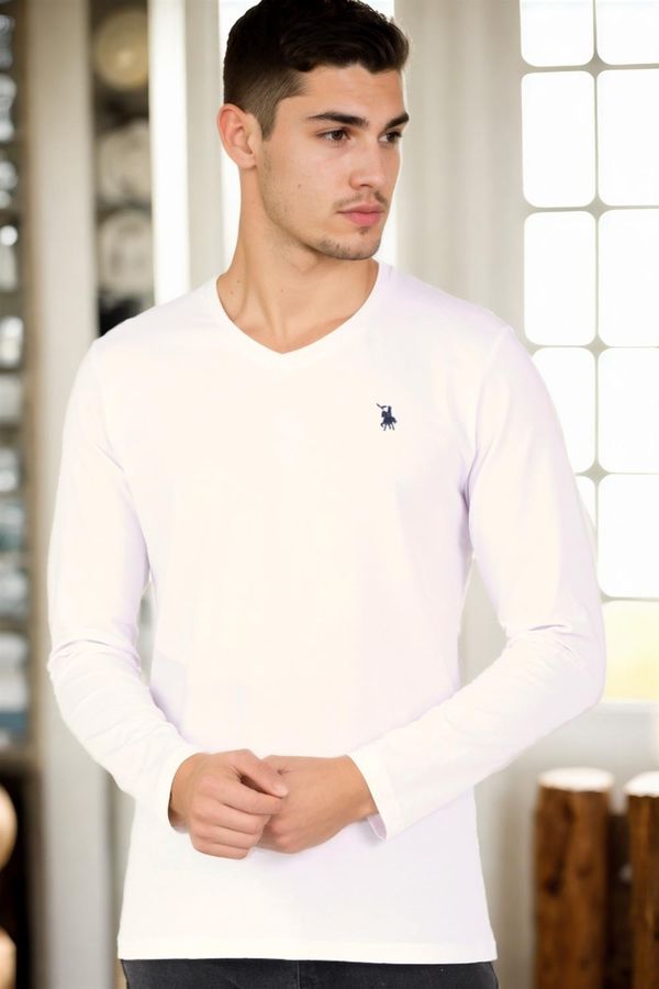 dewberry T8587 DEWBERRY V-NECK MEN'S LONG SLEEVE T-SHIRT-WHITE 1