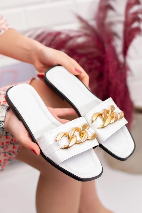 dewberry TER01 Women Slippers with Chain-BEYAZ