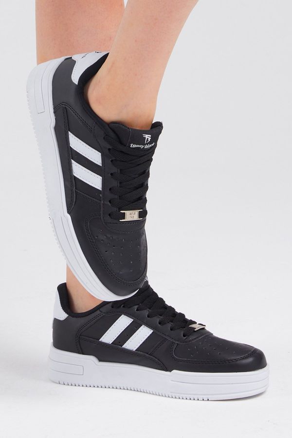 Tonny Black Tonny Black Unisex Black and White Striped Side Lace-up Comfortable Fit Sneaker.
