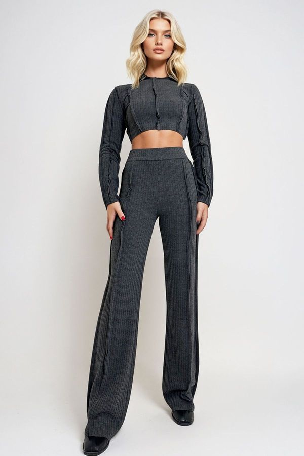 Trend Alaçatı Stili Trend Alaçatı Stili Women's Anthracite Crew Neck Dirty Stitching Detail Crop Blouse and Palazzo Trouser Set