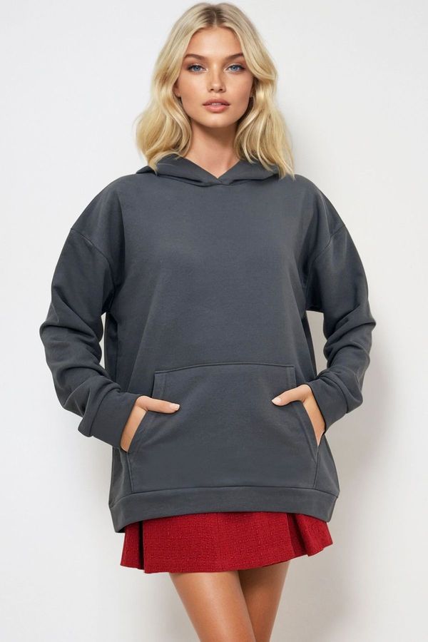 Trend Alaçatı Stili Trend Alaçatı Stili Women's Anthracite Hooded Kangaroo Pocket 3 Thread Thick Sweatshirt