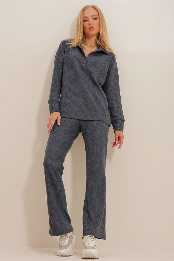 Trend Alaçatı Stili Trend Alaçatı Stili Women's Anthracite Polo Top and Palazzo Pants Knitwear Bottom and Top Set