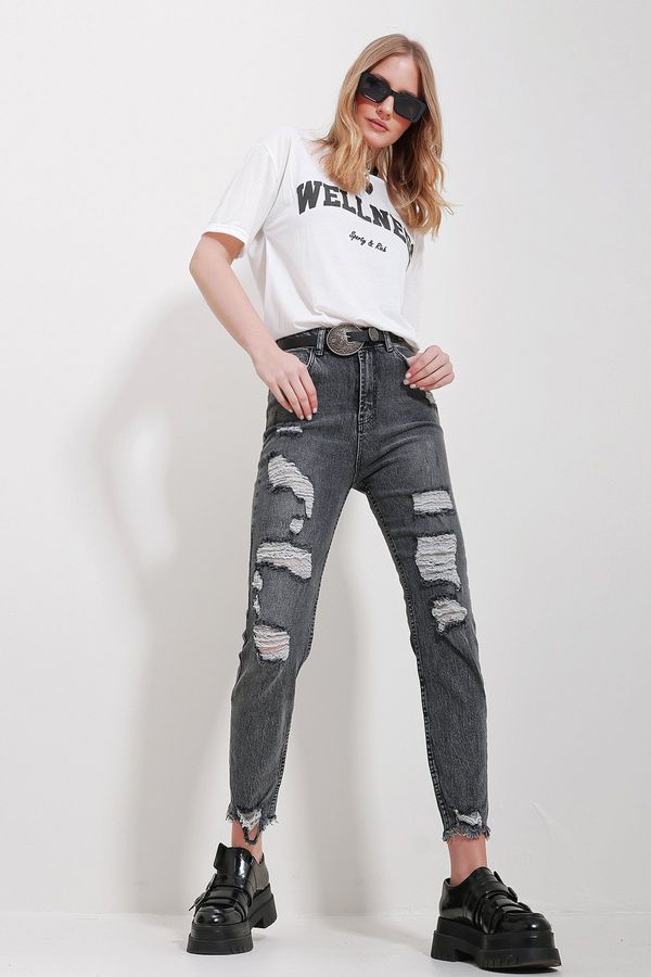 Trend Alaçatı Stili Trend Alaçatı Stili Women's Anthracite Washed Tumbled Mom Jeans