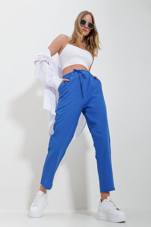 Trend Alaçatı Stili Trend Alaçatı Stili Women's Aviator Blue Elastic Waist Double Pocket Woven Trousers