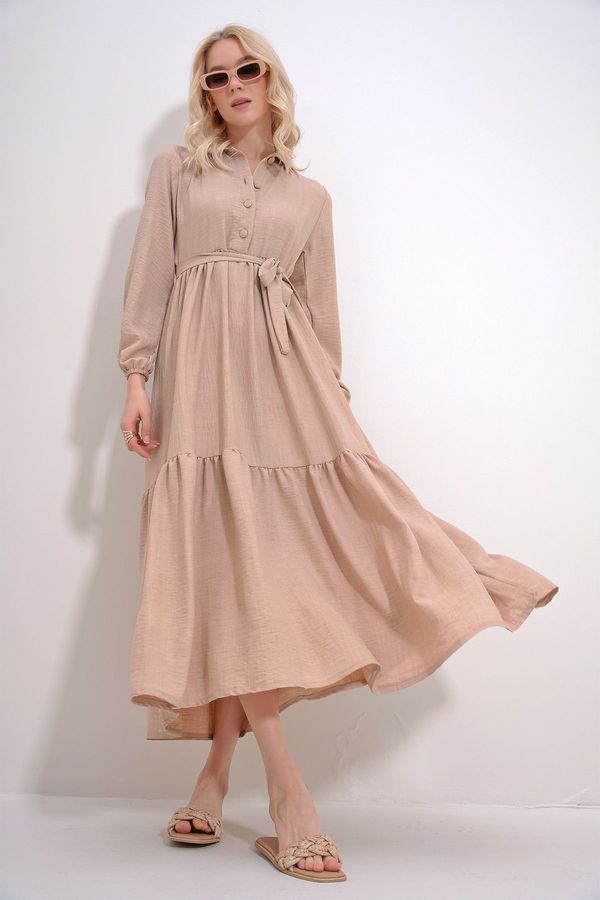 Trend Alaçatı Stili Trend Alaçatı Stili Women's Beige Buttoned Front Skirt Flounced Flamed Linen Maxiboy Dress