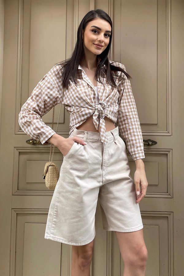 Trend Alaçatı Stili Trend Alaçatı Stili Women's Beige High Waist Wide Leg Bermuda Denim Shorts