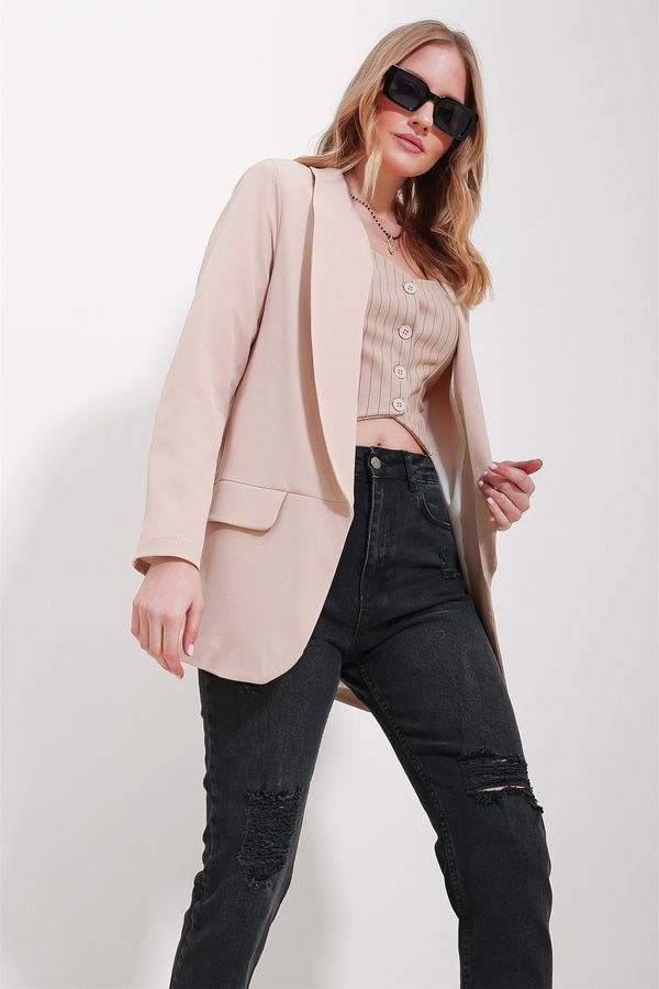 Trend Alaçatı Stili Trend Alaçatı Stili Women's Beige Shawl Inner Lined Jacket