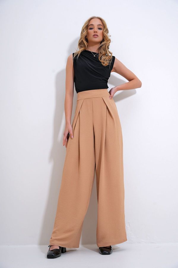 Trend Alaçatı Stili Trend Alaçatı Stili Women's Biscuit Front Pleated Loose Cut Palazzo Aerobin Woven Trousers