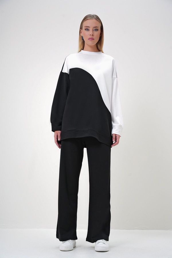 Trend Alaçatı Stili Trend Alaçatı Stili Women's Black Crew Neck Color Block Two Thread Bottom-Top Set