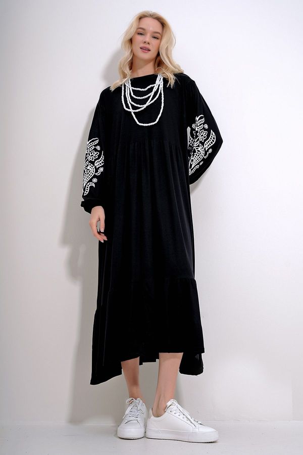 Trend Alaçatı Stili Trend Alaçatı Stili Women's Black Crew Neck Sleeves Flock Printed Skirt Flounced Waist Belted Dress