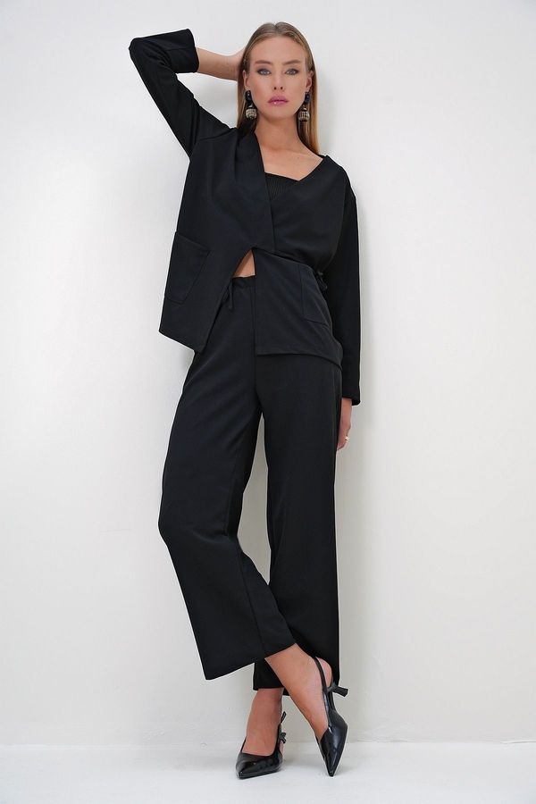 Trend Alaçatı Stili Trend Alaçatı Stili Women's Black Double Breasted Lapel Tie Detailed Double Pocket Crepe Jacket and Trouser Set