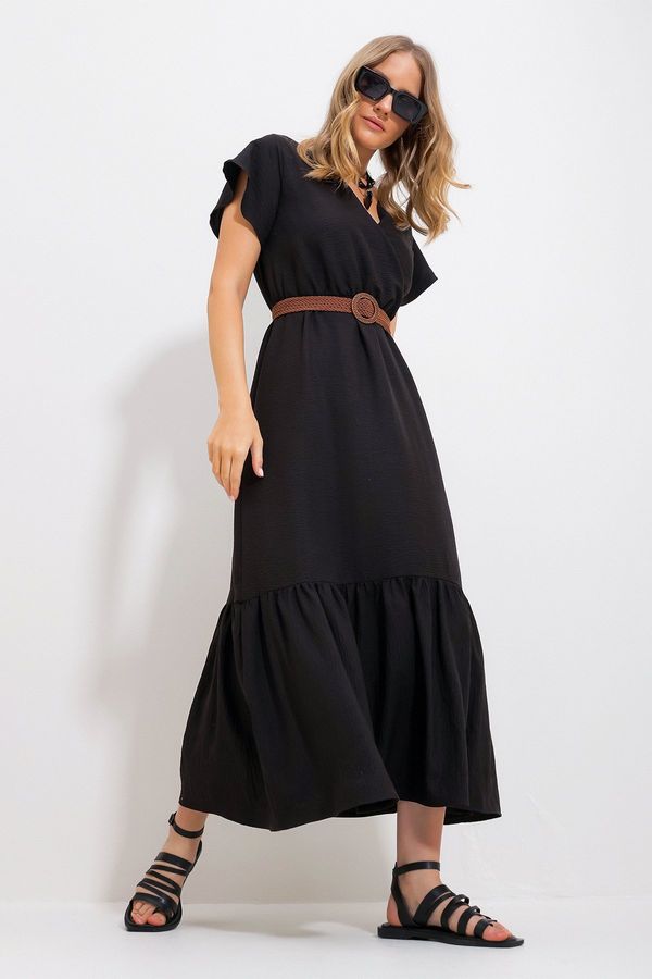 Trend Alaçatı Stili Trend Alaçatı Stili Women's Black Double Breasted Neck Skirt Flounce Belt Aerboin Woven Dress