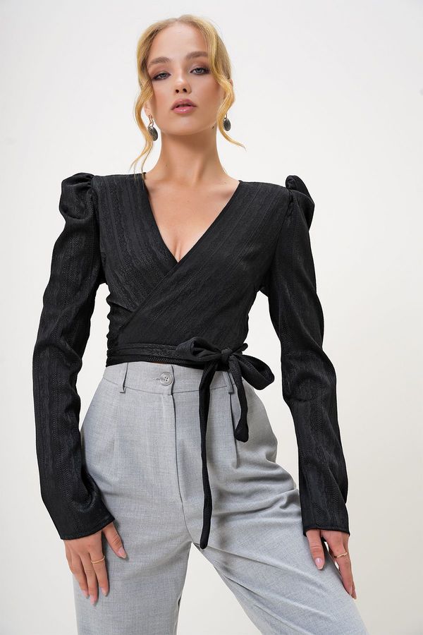 Trend Alaçatı Stili Trend Alaçatı Stili Women's Black Double Breasted Neckline Waist Tie Detail Self Pattern Woven Blouse