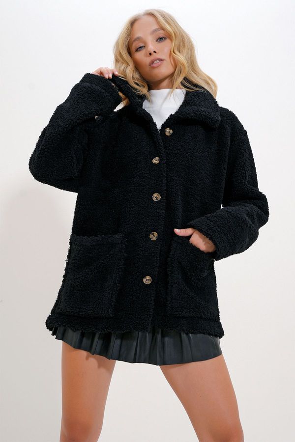 Trend Alaçatı Stili Trend Alaçatı Stili Women's Black Double Pocket Button Front Shawl Collar Plush Jacket