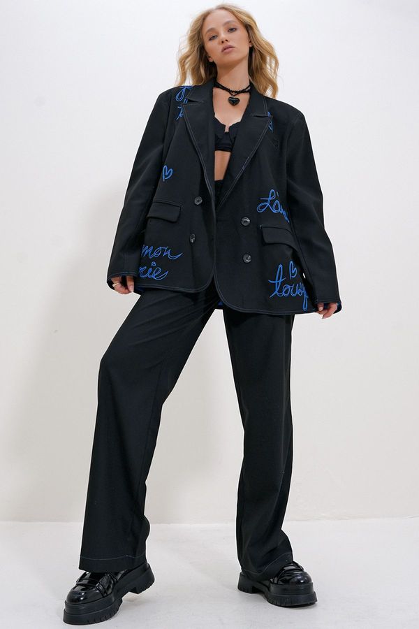 Trend Alaçatı Stili Trend Alaçatı Stili Women's Black Double Pocket Design Trouser and Jacket Set