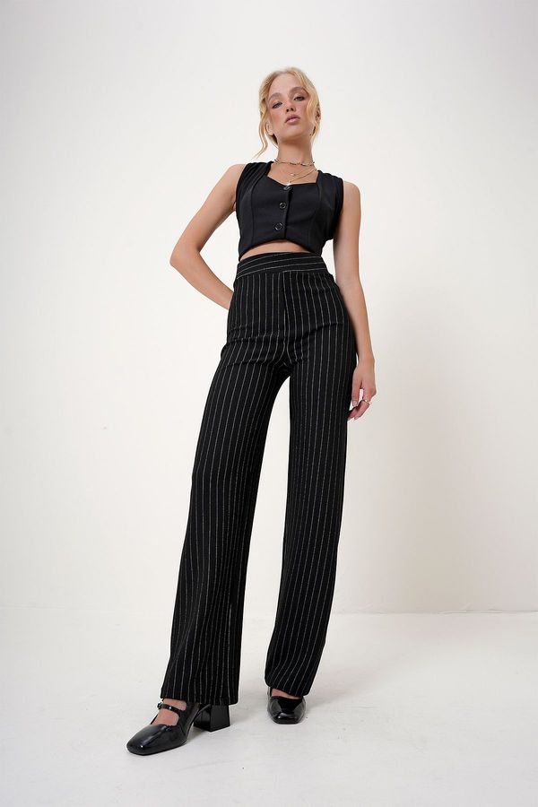 Trend Alaçatı Stili Trend Alaçatı Stili Women's Black Elastic Waist Striped Wide Leg Knitted Trousers